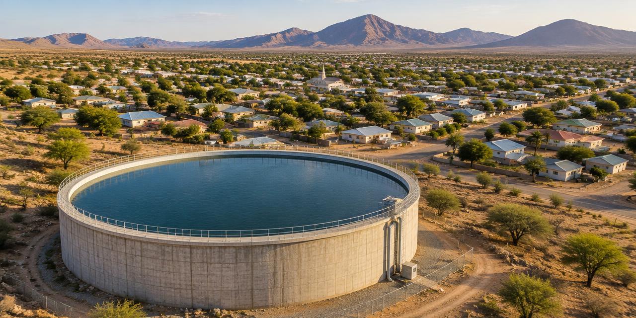 Municipal water reservoir beside a Namibian town